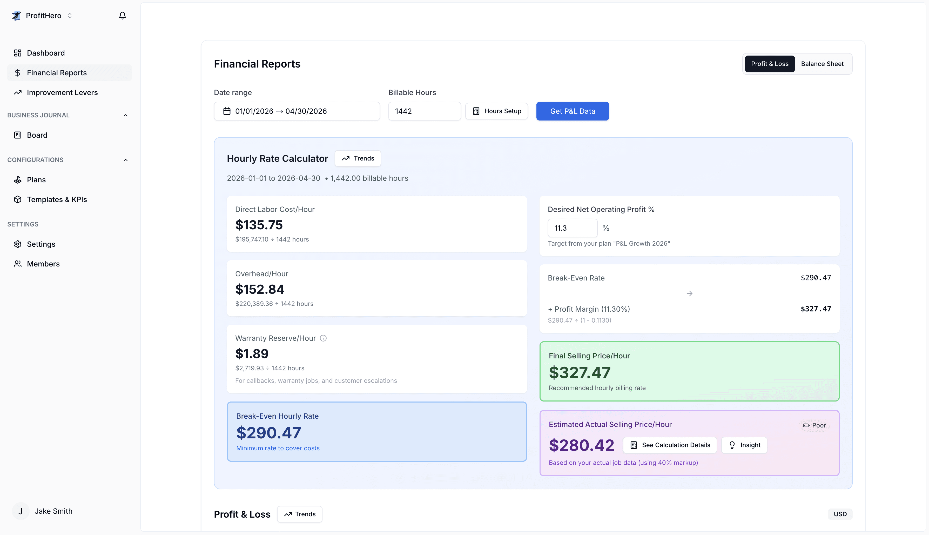 ProfitHero Hourly Rate Calculator - See your break-even rate, overhead costs, and recommended selling price
